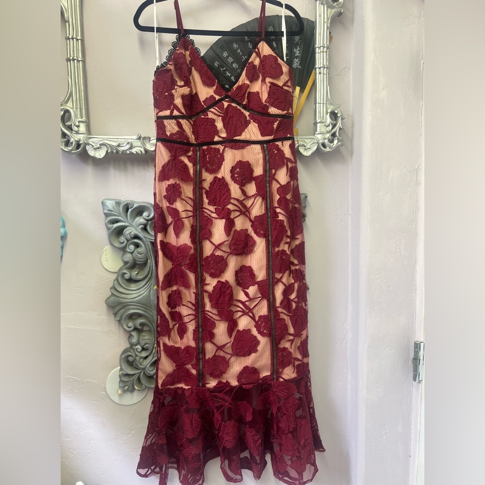 Lulu's Burgundy & Nude Floral Lace Midi Dress